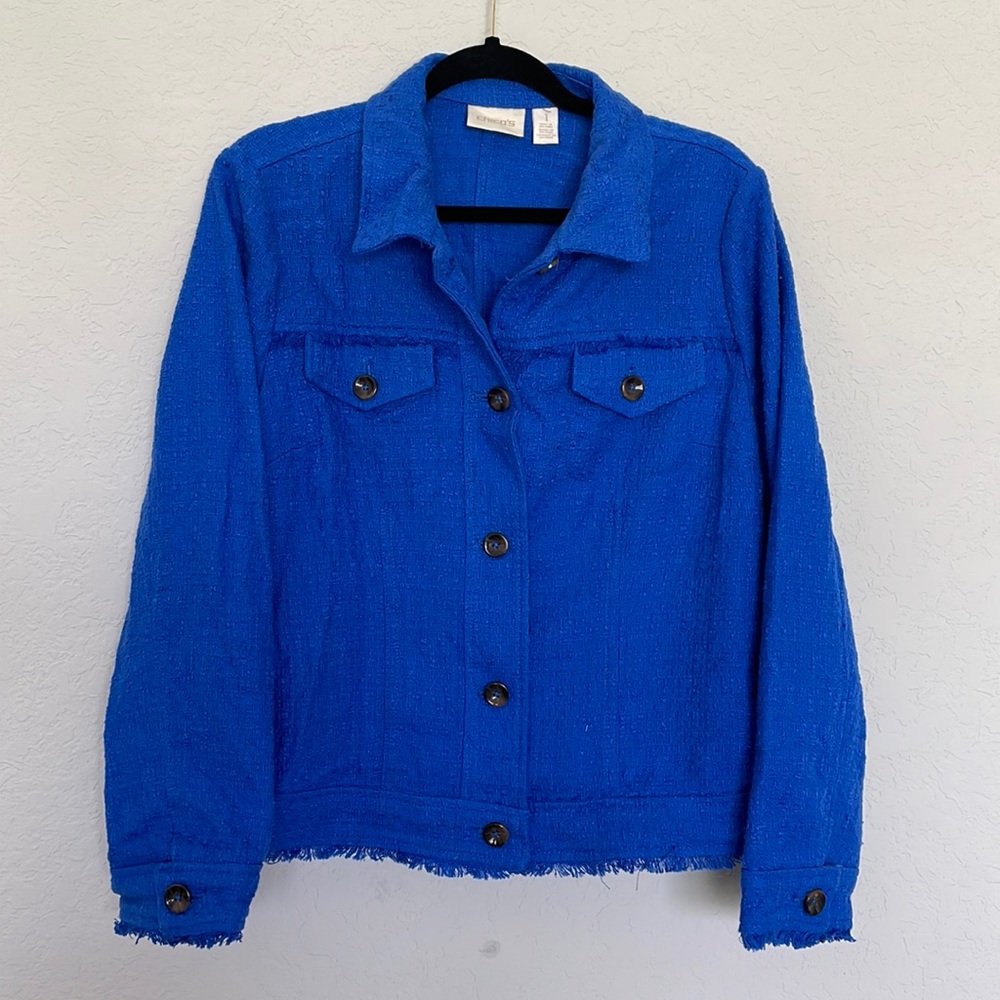 Chico’s Royal Blue Textured Fringe Jacket